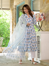 Divena White & Blue Floral HandBlock Cotton Anarkali Cotton Kurta Set