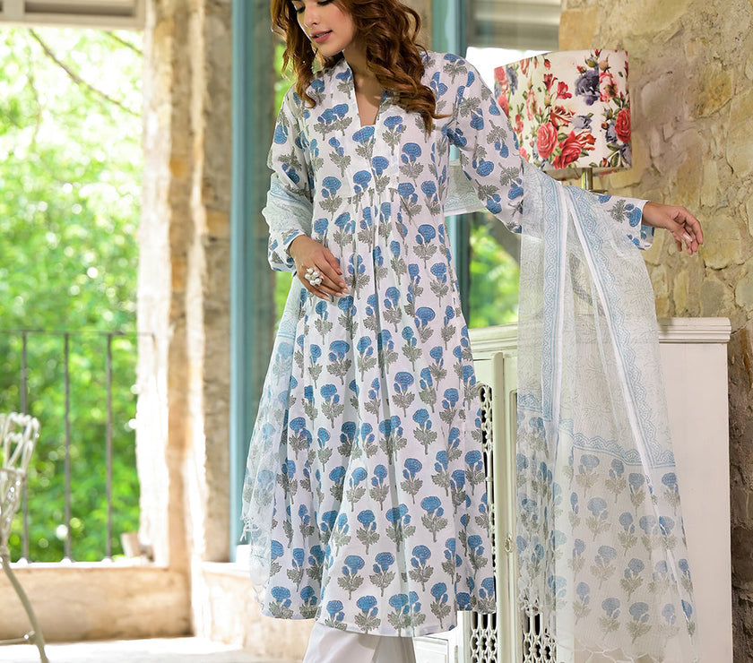 Divena White & Blue Floral HandBlock Cotton Anarkali Cotton Kurta Set