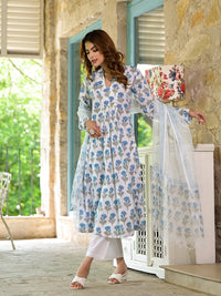 Divena White & Blue Floral HandBlock Cotton Anarkali Cotton Kurta Set