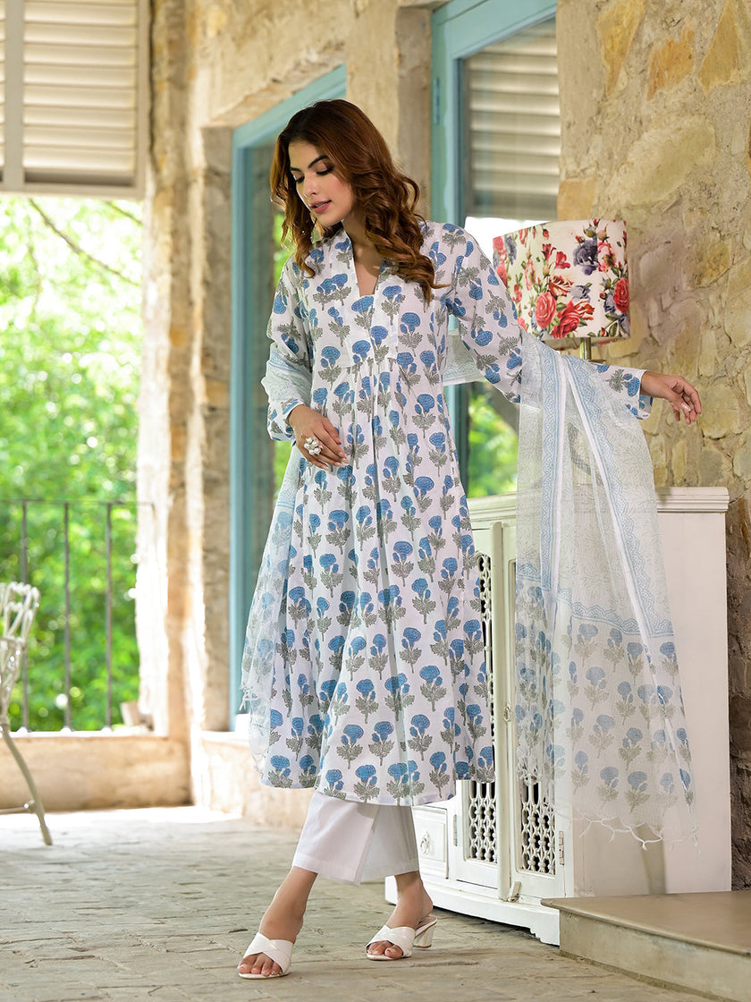 Divena White & Blue Floral HandBlock Cotton Anarkali Cotton Kurta Set