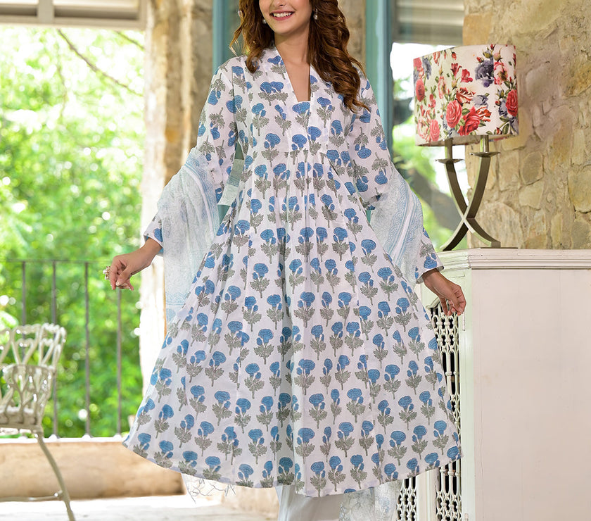 Divena White & Blue Floral HandBlock Cotton Anarkali Cotton Kurta Set