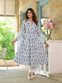 Divena White & Blue Floral HandBlock Cotton Anarkali Cotton Kurta Set