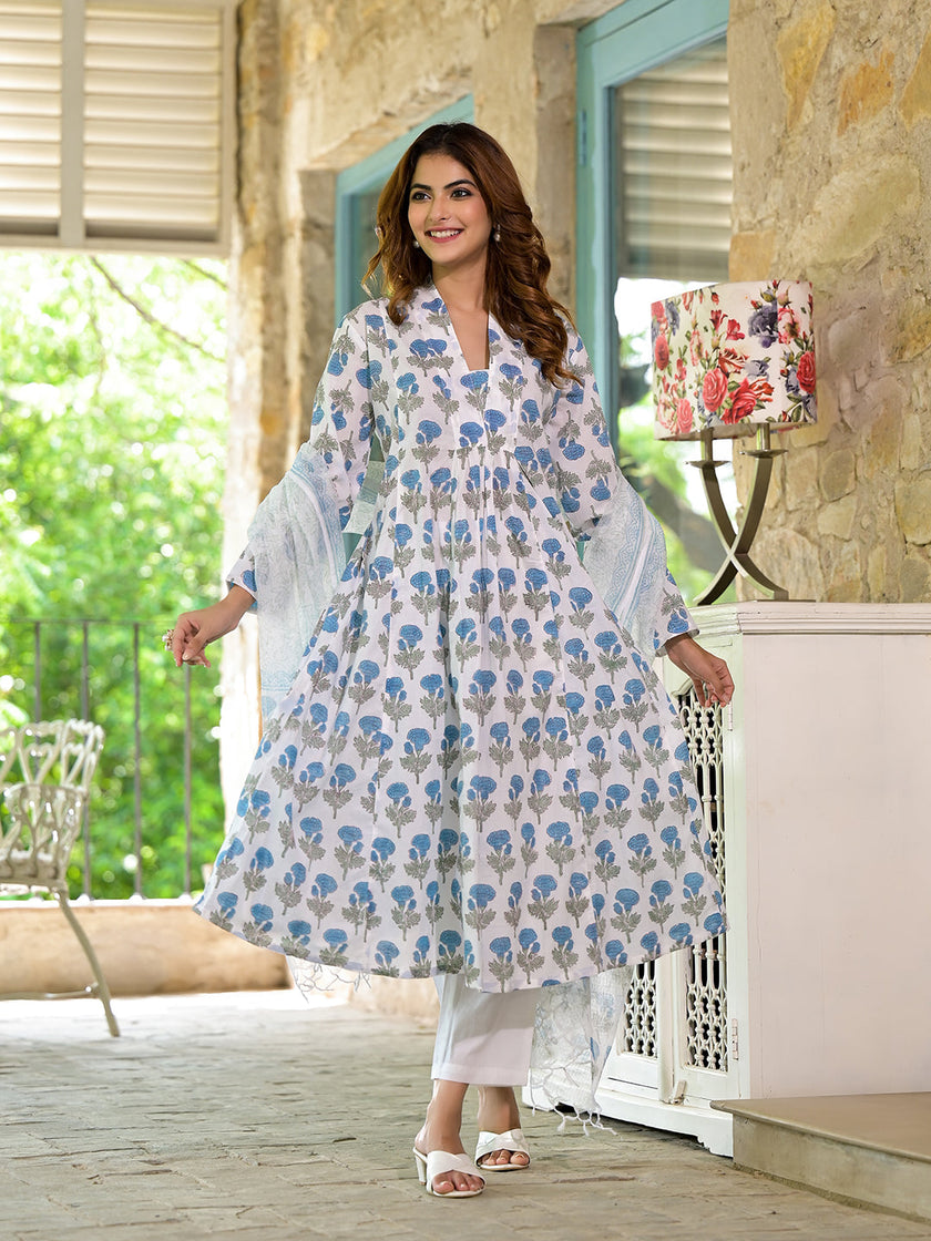 Divena White & Blue Floral HandBlock Cotton Anarkali Cotton Kurta Set