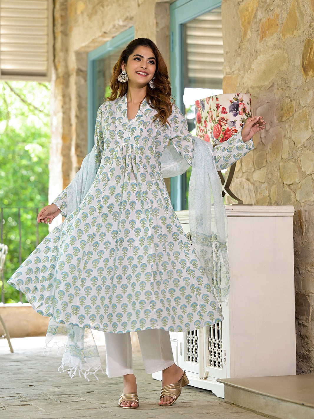 Divena White & Green Floral Handblock Printed Cotton Anarkali  Kurta Set