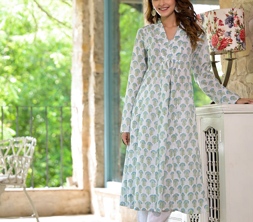 Divena White & Green Floral Handblock Printed Cotton Anarkali  Kurta Set