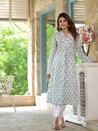 Divena White & Green Floral Handblock Printed Cotton Anarkali  Kurta Set