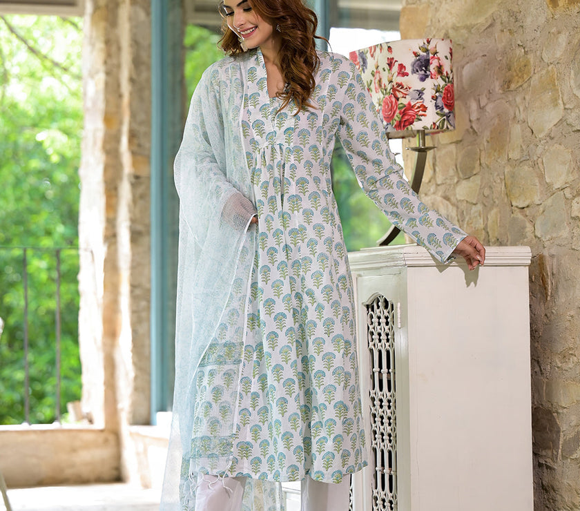 Divena White & Green Floral Handblock Printed Cotton Anarkali  Kurta Set