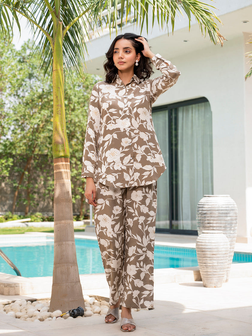 Divena Brown & White Floral Printed Rayon Co-ord Set