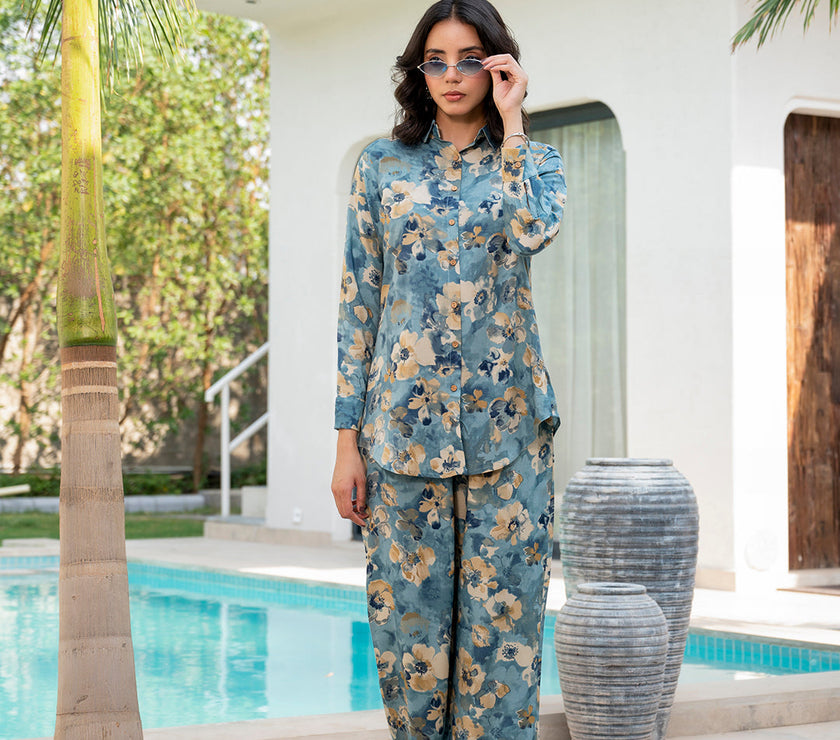 Divena Blue Floral Printed Rayon Co-ord Set