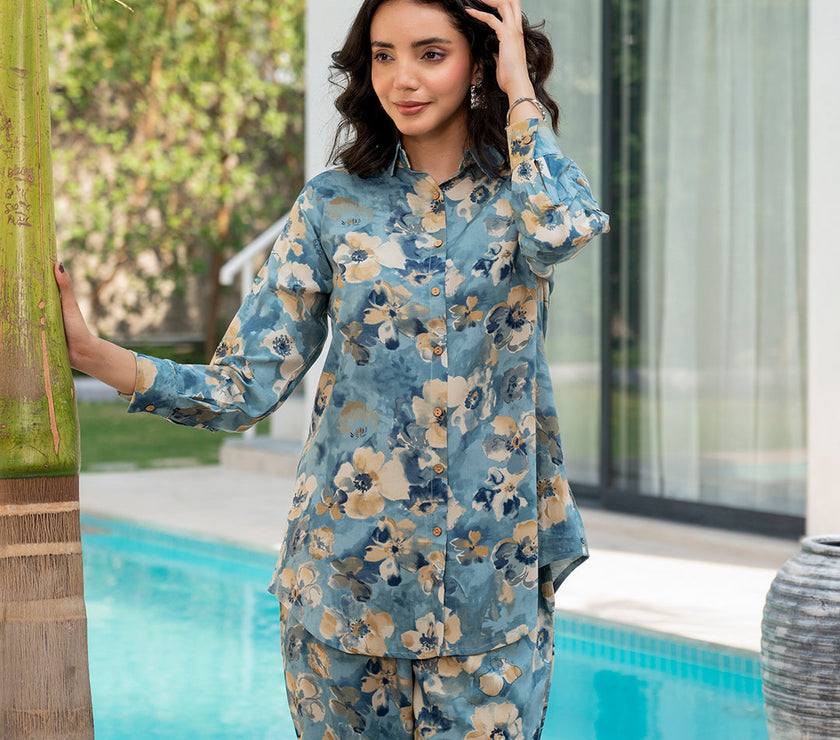 Divena Blue Floral Printed Rayon Co-ord Set