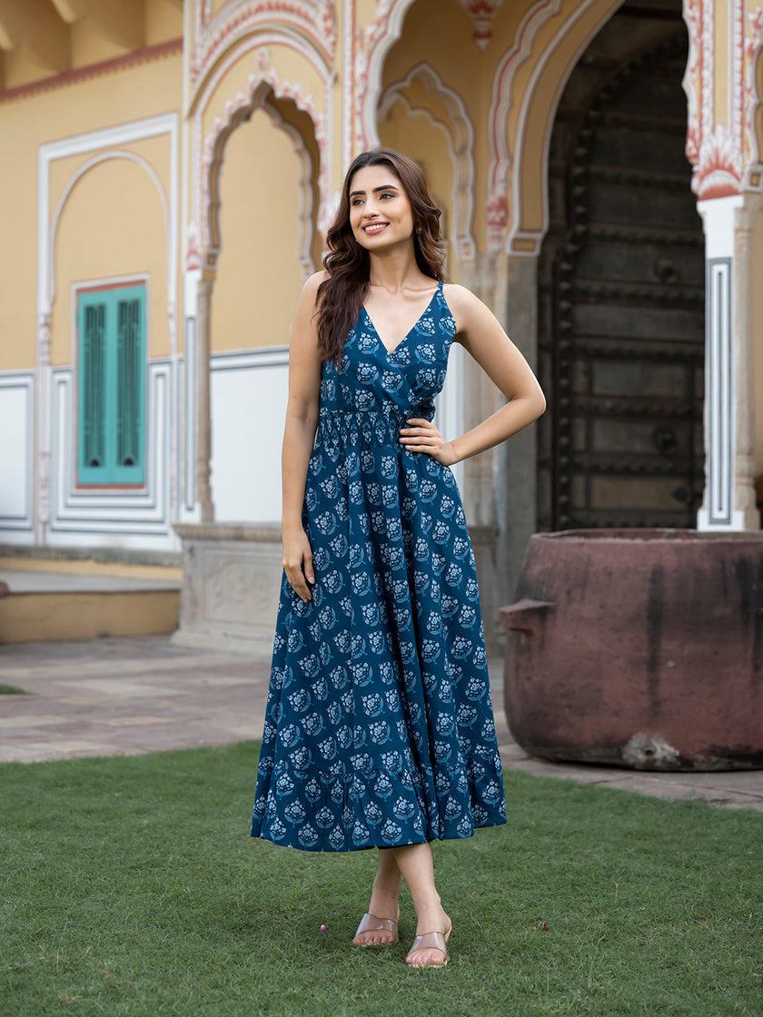 Divena Indigo Blue Floral Print Pure Cotton Fit & Flare Dress