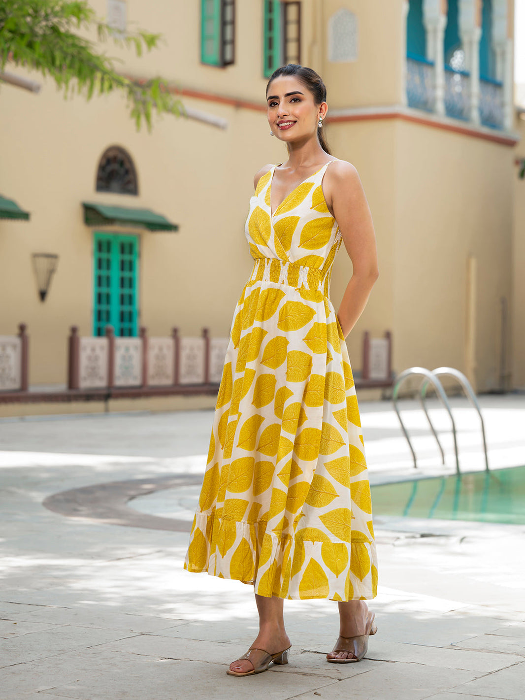 Divena Yellow Printed Pure Cotton Fit & Flare Dress