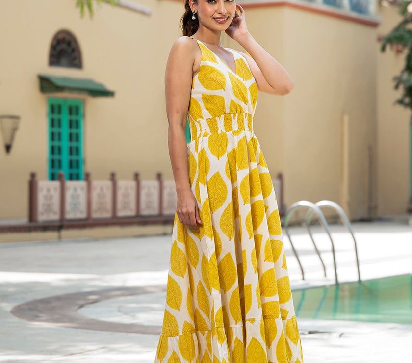 Divena Yellow Printed Pure Cotton Fit & Flare Dress