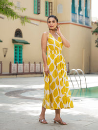 Divena Yellow Printed Pure Cotton Fit & Flare Dress