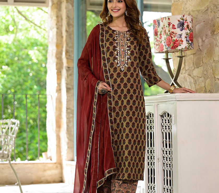 Divena Brown Straight fit Zardozi Work Knee Long Cotton Kurta Set for women