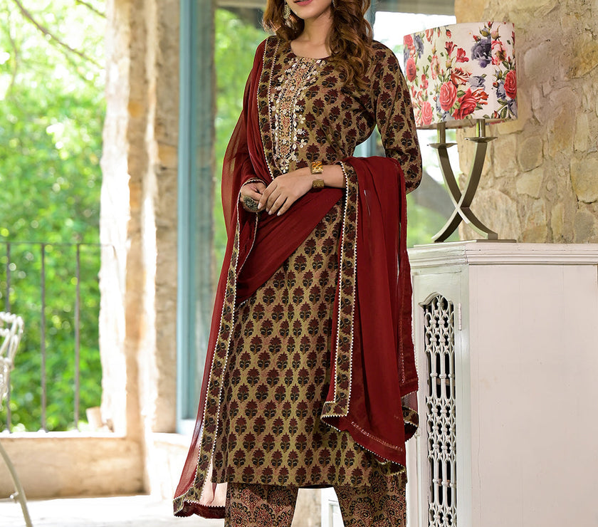 Divena Brown Straight fit Zardozi Work Knee Long Cotton Kurta Set for women