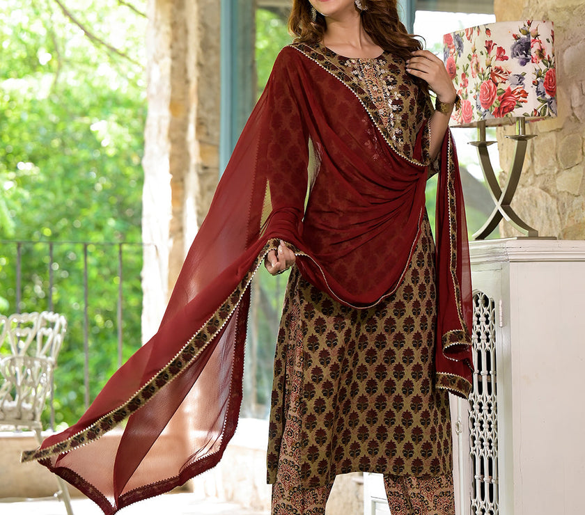 Divena Brown Straight fit Zardozi Work Knee Long Cotton Kurta Set for women