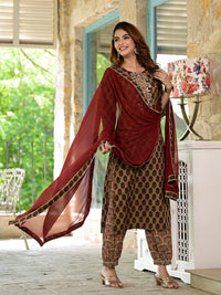 Divena Brown Straight fit Zardozi Work Knee Long Cotton Kurta Set for women