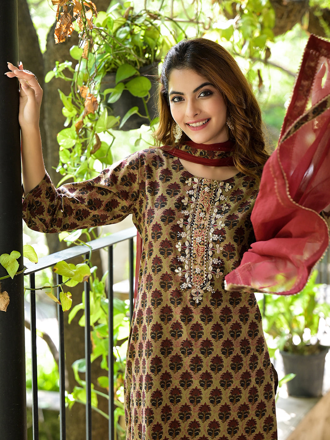 Divena Brown Straight fit Zardozi Work Knee Long Cotton Kurta Set for women