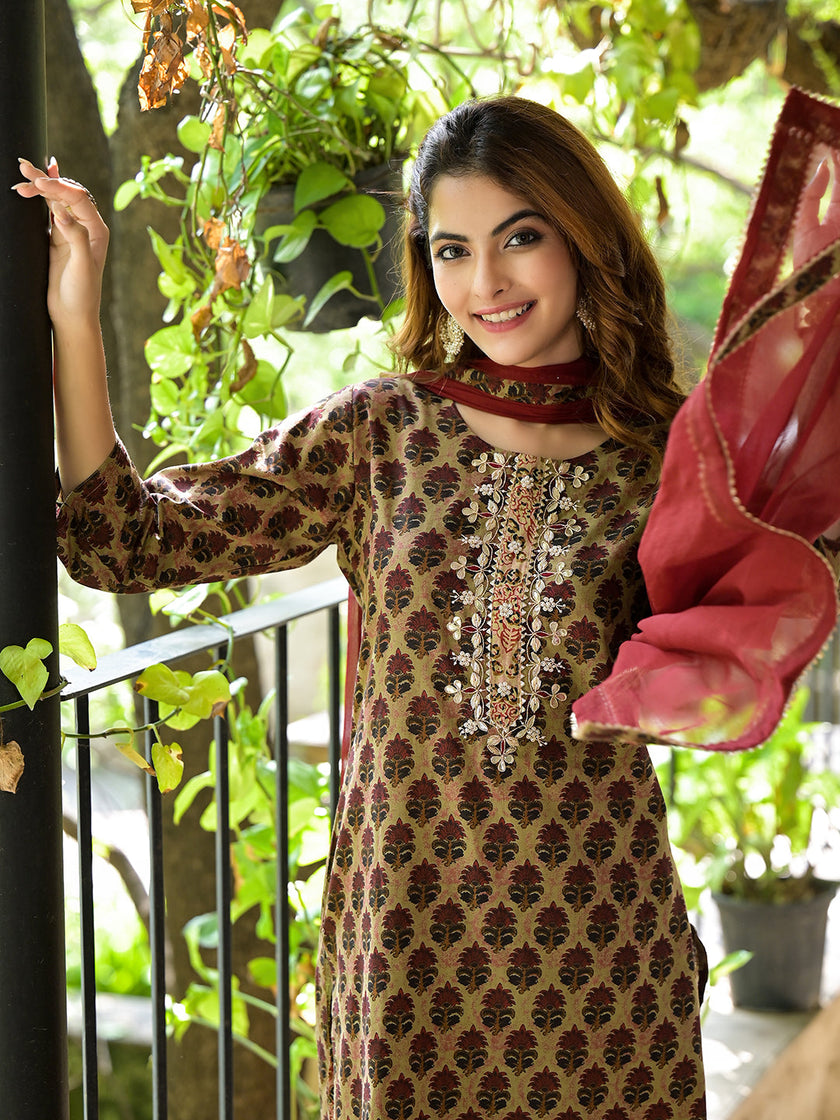 Divena Brown Straight fit Zardozi Work Knee Long Cotton Kurta Set for women