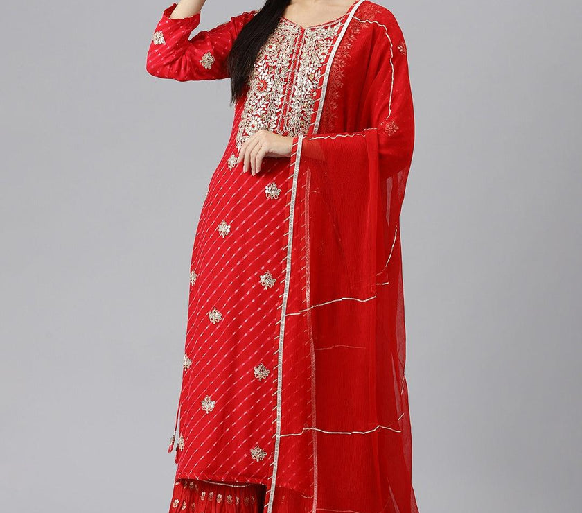 Divena Pure georgette Jaipuri Mothda Red Kurta Sharara Set with Dupatta - divenaworld.com