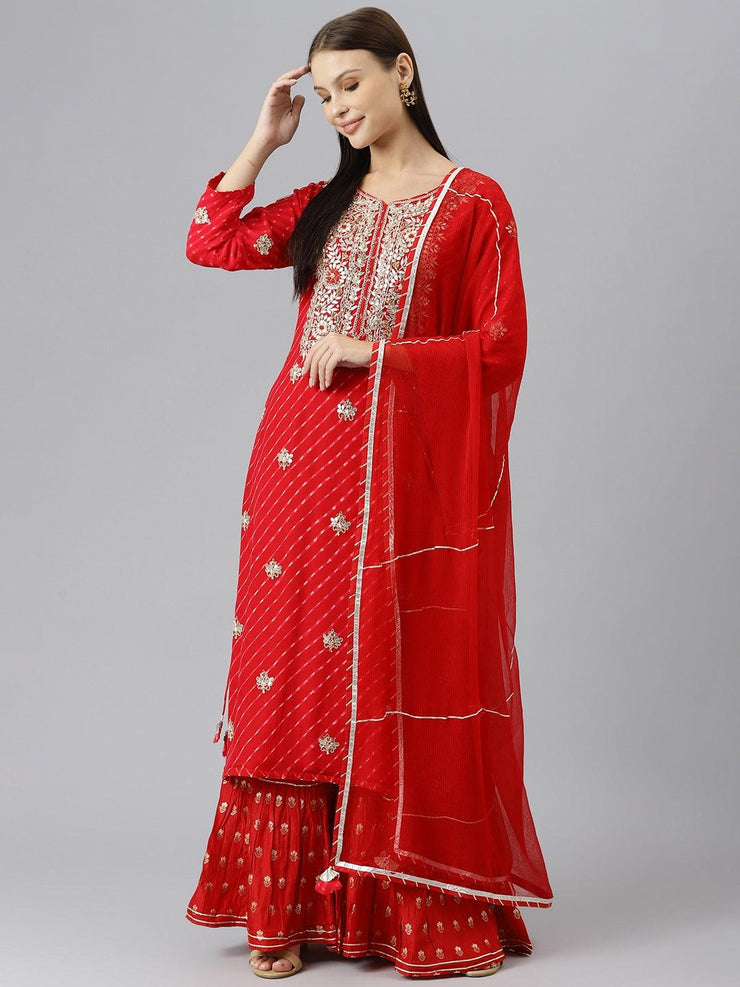 Divena Pure georgette Jaipuri Mothda Red Kurta Sharara Set with Dupatta - divenaworld.com