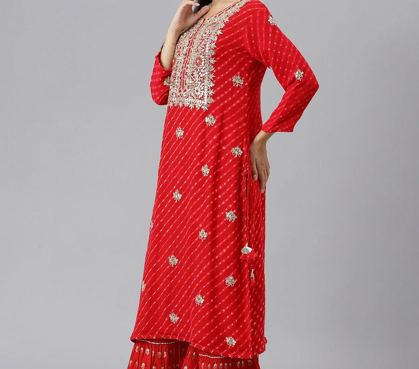 Divena Pure georgette Jaipuri Mothda Red Kurta Sharara Set with Dupatta - divenaworld.com