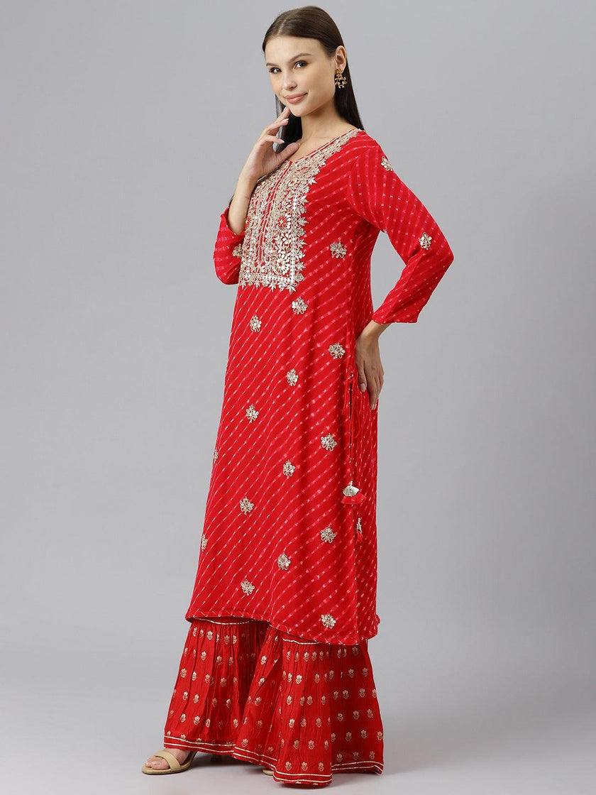 Divena Pure georgette Jaipuri Mothda Red Kurta Sharara Set with Dupatta - divenaworld.com