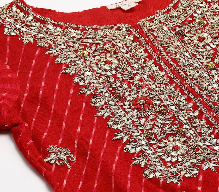 Divena Pure georgette Jaipuri Mothda Red Kurta Sharara Set with Dupatta - divenaworld.com