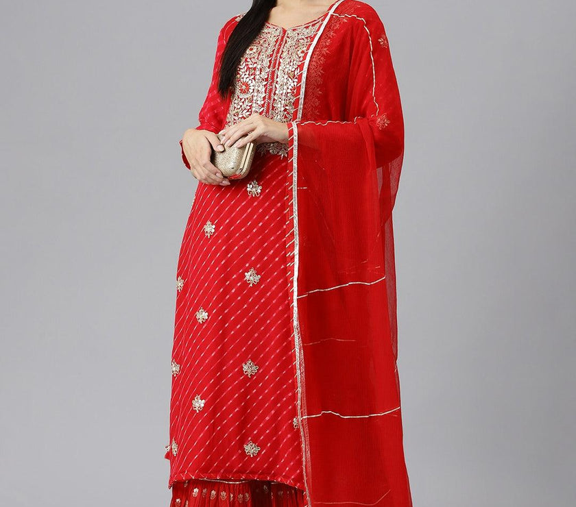 Divena Pure georgette Jaipuri Mothda Red Kurta Sharara Set with Dupatta - divenaworld.com