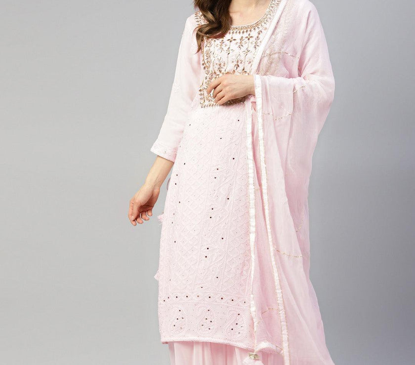 Divena Pure Chicken krai georgette Powder Pink Kurta Palazoo Set with Dupatta - divenaworld.com