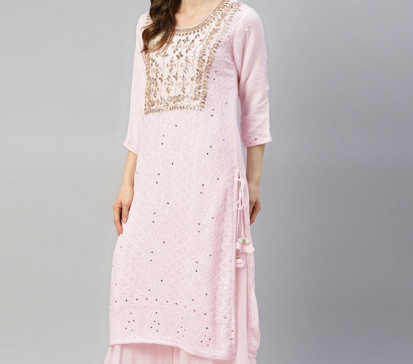 Divena Pure Chicken krai georgette Powder Pink Kurta Palazoo Set with Dupatta - divenaworld.com