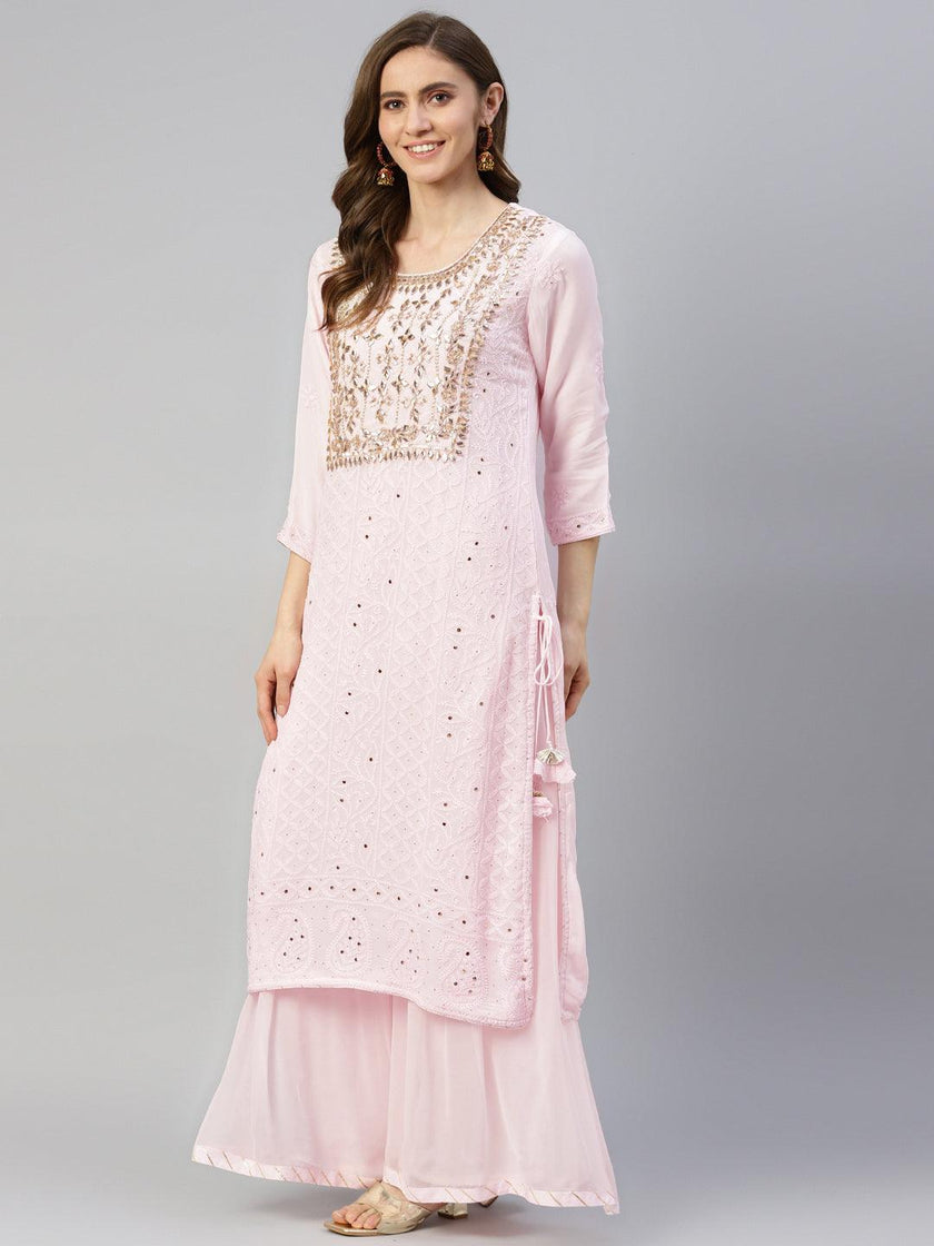 Divena Pure Chicken krai georgette Powder Pink Kurta Palazoo Set with Dupatta - divenaworld.com