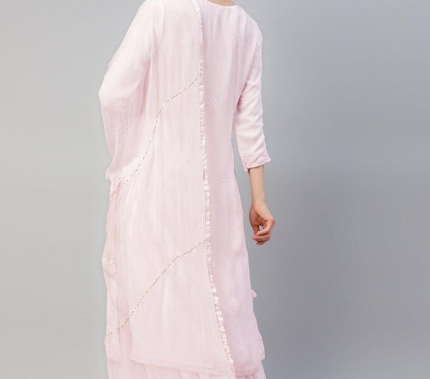 Divena Pure Chicken krai georgette Powder Pink Kurta Palazoo Set with Dupatta - divenaworld.com