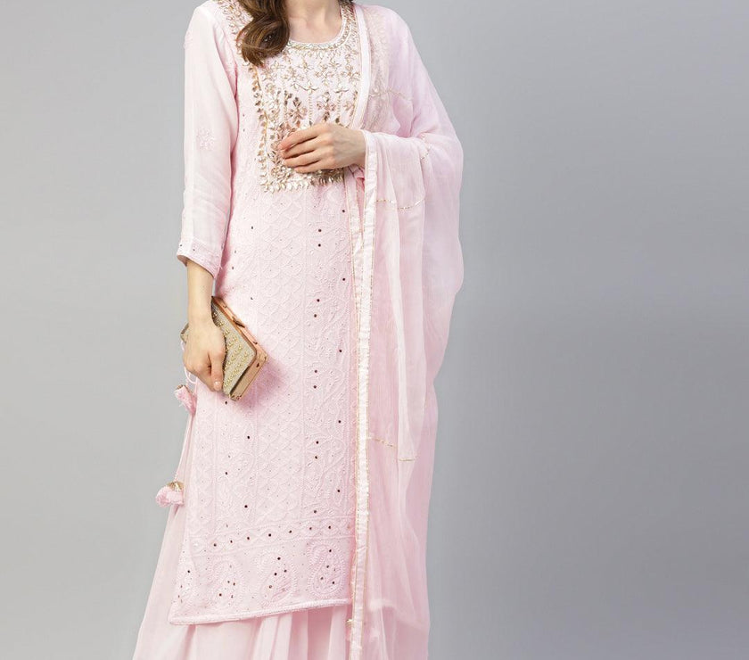 Divena Pure Chicken krai georgette Powder Pink Kurta Palazoo Set with Dupatta - divenaworld.com