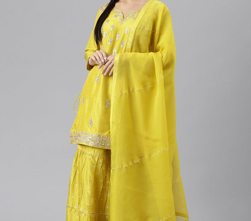 Divena Lemon Yellow Pure Rassion Chenderi Kurta Sharara Set with Dupatta - divenaworld.com