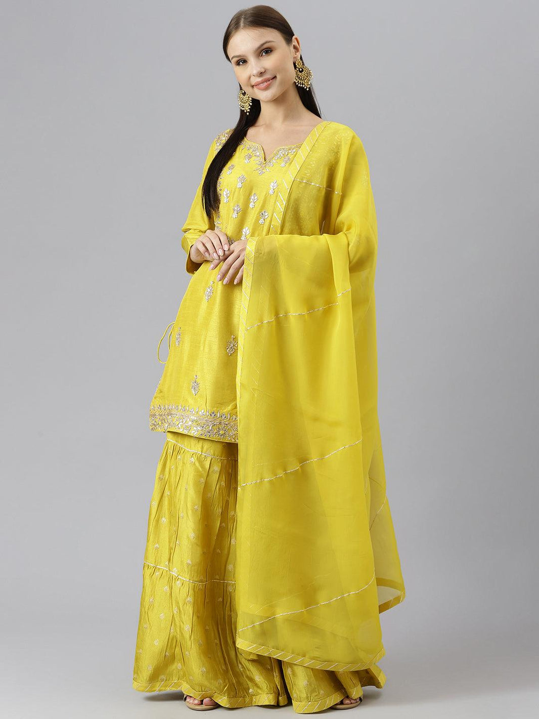 Divena Lemon Yellow Pure Rassion Chenderi Kurta Sharara Set with Dupatta - divenaworld.com