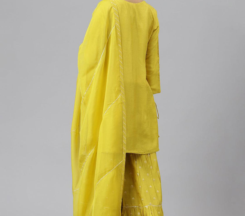 Divena Lemon Yellow Pure Rassion Chenderi Kurta Sharara Set with Dupatta - divenaworld.com