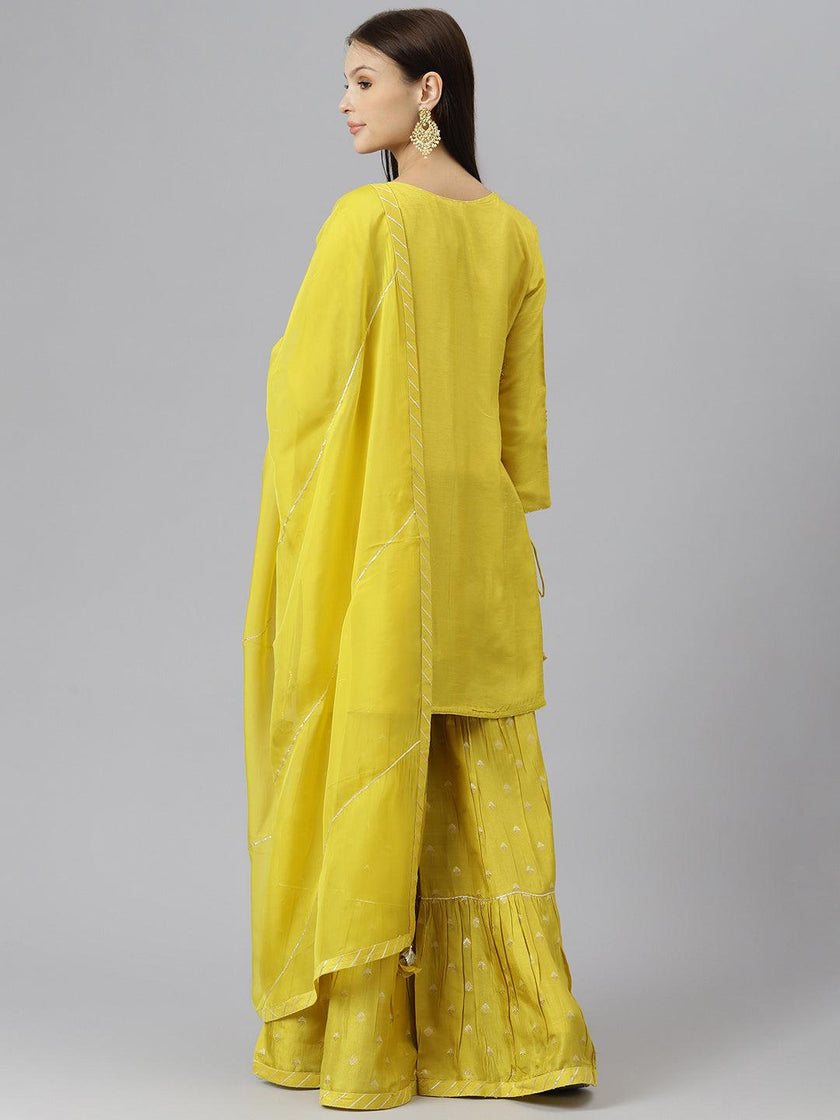 Divena Lemon Yellow Pure Rassion Chenderi Kurta Sharara Set with Dupatta - divenaworld.com