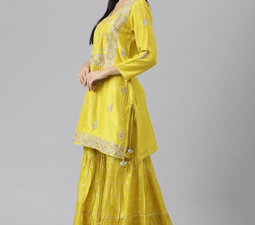 Divena Lemon Yellow Pure Rassion Chenderi Kurta Sharara Set with Dupatta - divenaworld.com