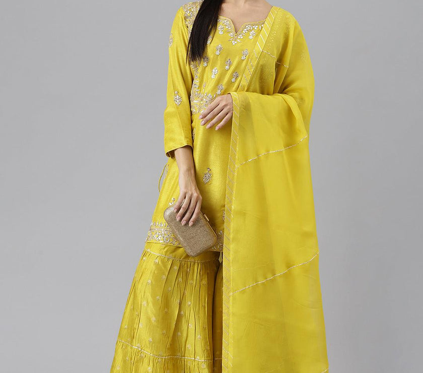 Divena Lemon Yellow Pure Rassion Chenderi Kurta Sharara Set with Dupatta - divenaworld.com