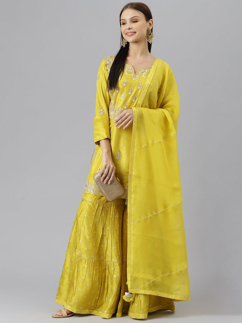 Divena Lemon Yellow Pure Rassion Chenderi Kurta Sharara Set with Dupatta - divenaworld.com