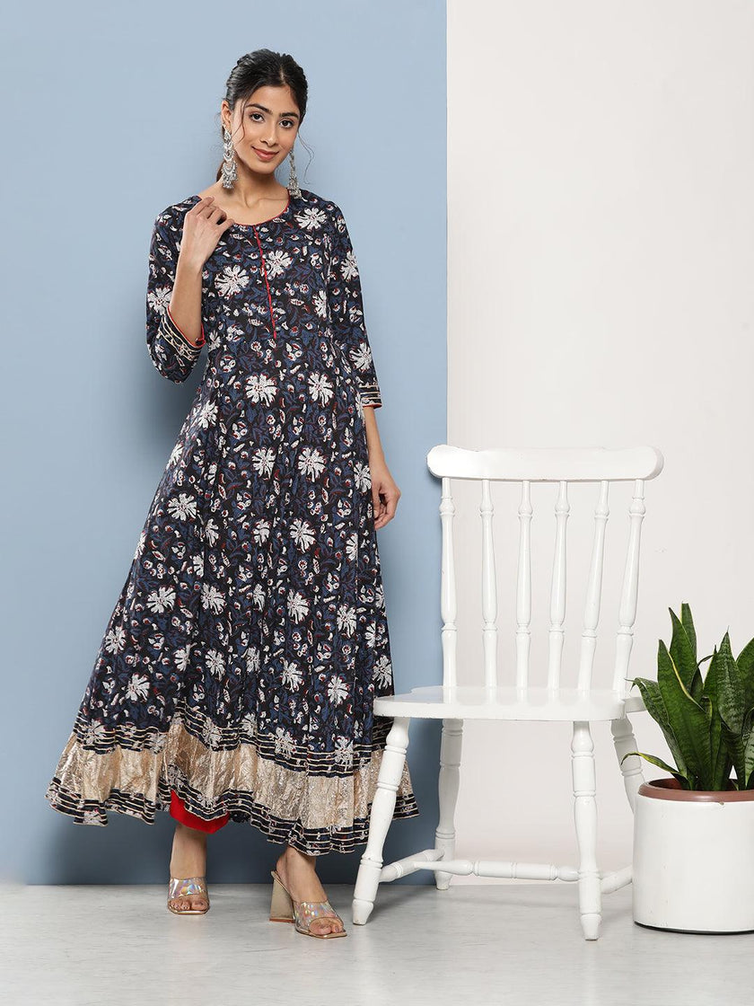 Divena Blue Cotton Anarkali Kurta - divena world