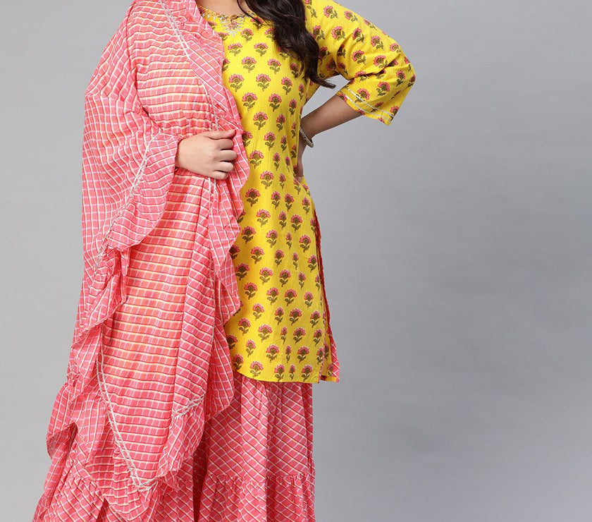 Plus Size Yellow Printed Kurta with Lahariya Sharara and Ruffled Dupatta Set - divena world