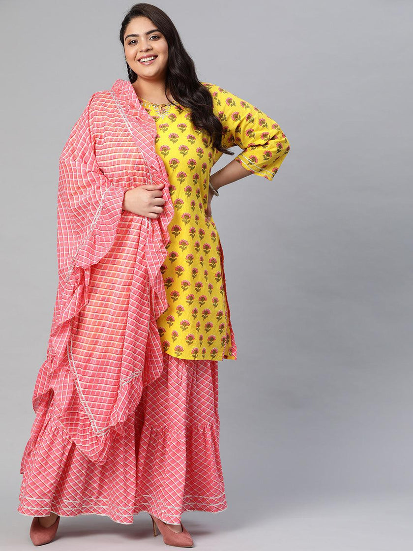 Plus Size Yellow Printed Kurta with Lahariya Sharara and Ruffled Dupatta Set - divena world