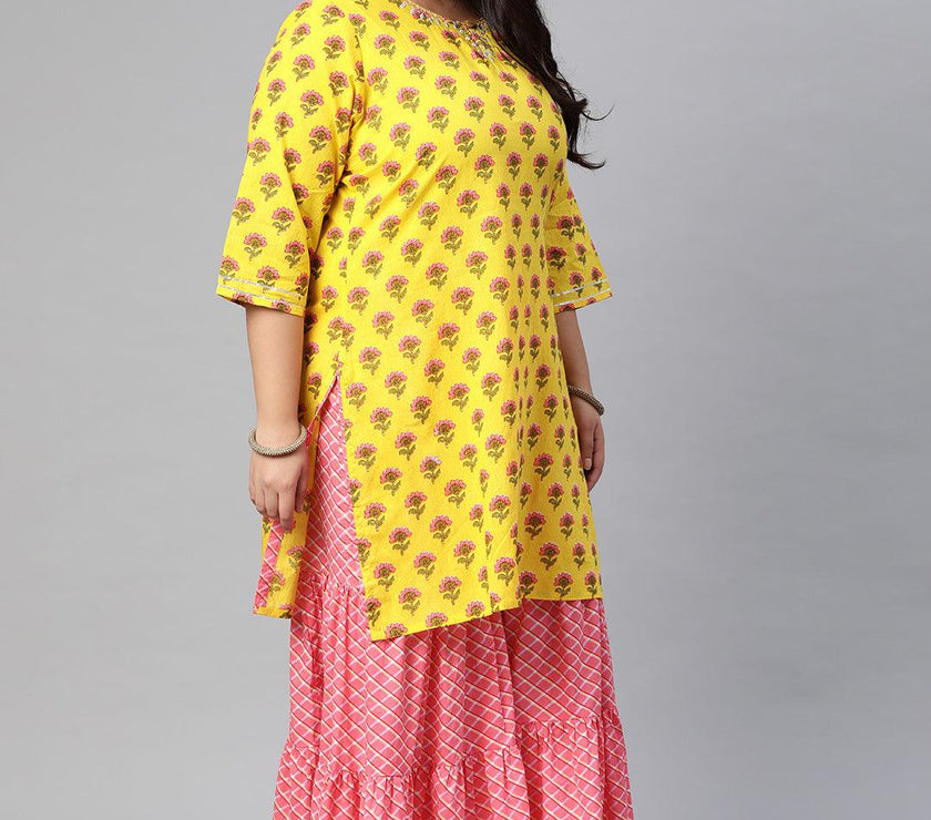 Plus Size Yellow Printed Kurta with Lahariya Sharara and Ruffled Dupatta Set - divena world