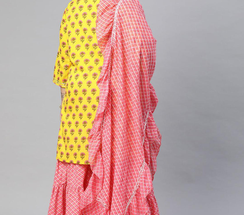 Plus Size Yellow Printed Kurta with Lahariya Sharara and Ruffled Dupatta Set - divena world