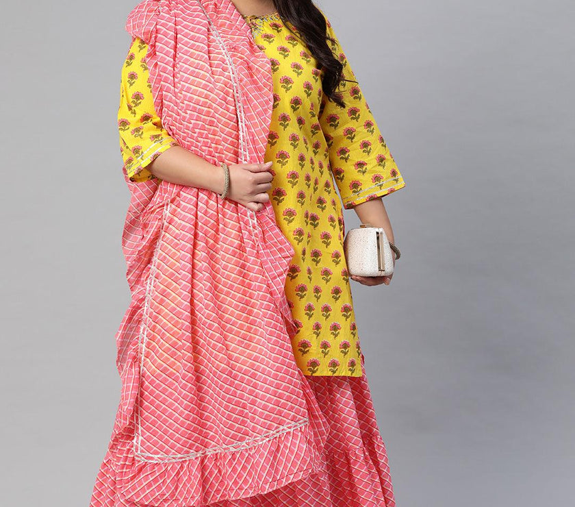 Plus Size Yellow Printed Kurta with Lahariya Sharara and Ruffled Dupatta Set - divena world