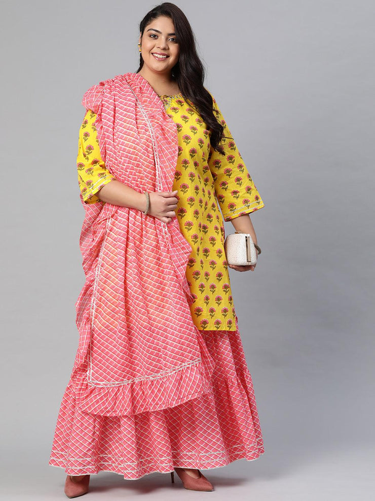 Plus Size Yellow Printed Kurta with Lahariya Sharara and Ruffled Dupatta Set - divena world