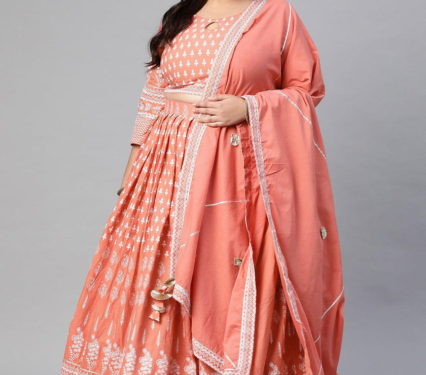 Plus Size Pink Printed Crop Top, lehenga with Dupatta set - divena world